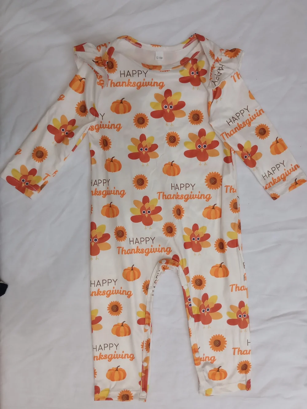My First Thanksgiving One-Piece Romper Fall Turkey Orange Turkey Print 12-18 Mo